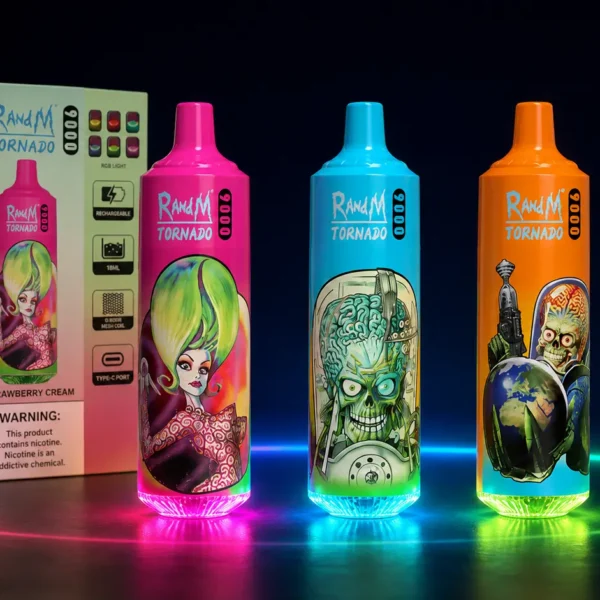 Fumot RandM Tornado 9000 Puffs – ukázka vícebarevného RGB LED podsvícení